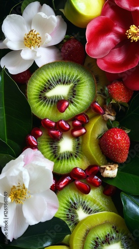 A Colorful Medley of Fresh Fruits and Flowers - A Visual Feast of Nature's Bounty