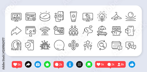 Monitor repair, Augmented reality and Distribution line icons pack. Social media: share, comment, like icons. Sunscreen, Sunbed, Phone charging web icon. Vector