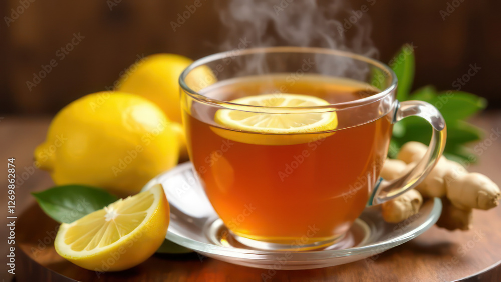 Steaming herbal tea with ginger and lemon Steaming herbal tea with ginger and lemon