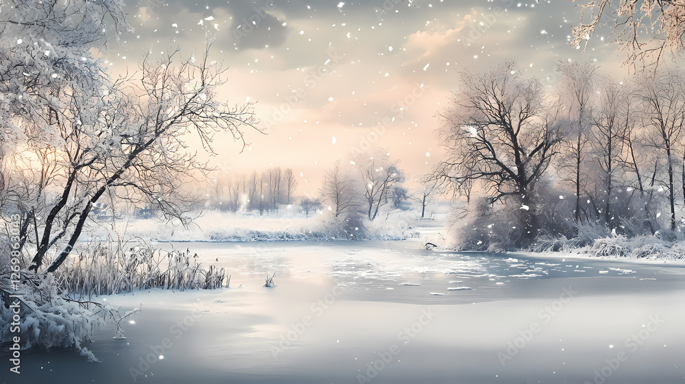 Winter landscape with frozen lake and snow covered trees. seasonal background. Frozen Thunderstorms. Illustration Winter landscape with frozen lake and snow covered trees. seasonal background. Frozen Thunderstorms. Illustration