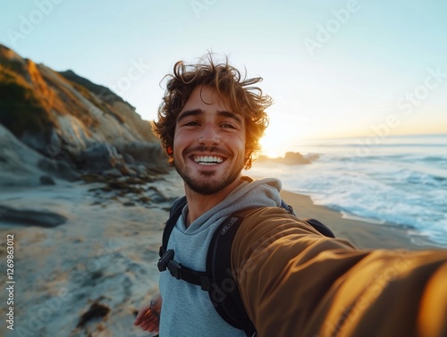 Selfie di un giovane turista che esplora la città con entusiasmo. Un mix di moda, felicità e avventura.