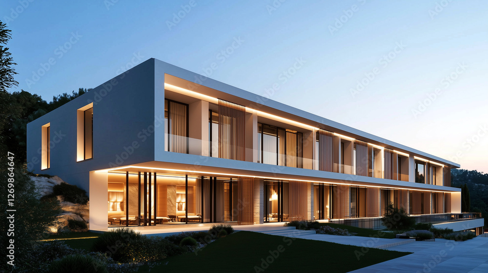 Fototapeta premium Modern hotel facade illuminated at dusk with warm lighting and landscaping