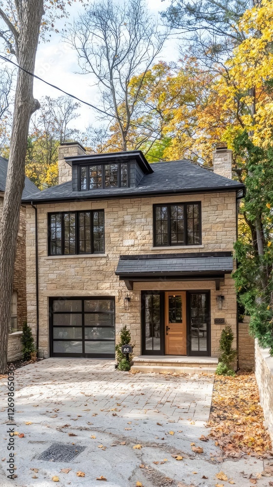 Fototapeta premium New house exterior. Autumn leaves. Real estate photo for sale, promotion, design, advertising, architecture
