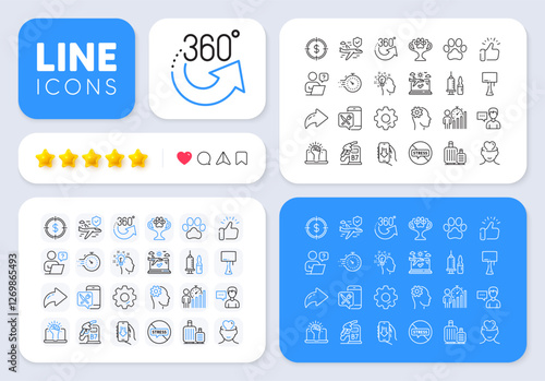 Table lamp, Medical vaccination and Empower line icons for web app. Message, Share, Like social media icons. Pack of Winner cup, Diesel station, Airplane travel pictogram icons. Vector