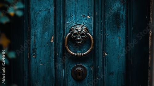 Skull door knocker on old teal door, ivy background, gothic aesthetic