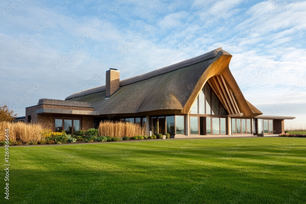 Traditional thatched-roof house in a rural setting, surrounded by greenery and flowers, under a blue sky. Traditional thatched-roof house in a rural setting, surrounded by greenery and flowers, under a blue sky.