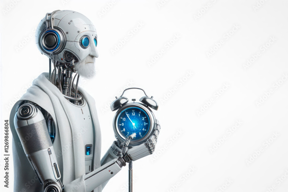 Fototapeta premium An elderly robot holds an alarm clock. Space for text.