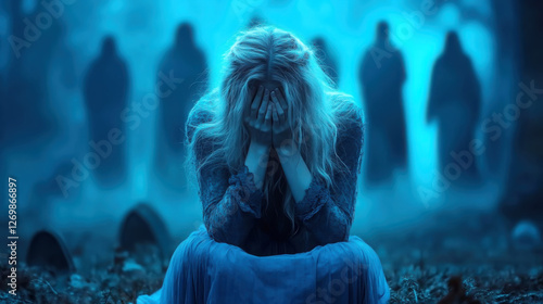 Mournful banshee kneeling in mysterious graveyard scene for fantasy design