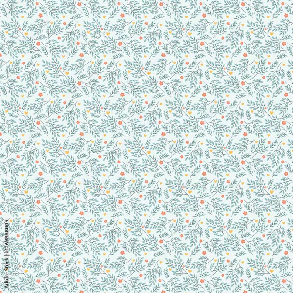 Seamless floral pattern with delicate leaves, small flowers, and soft pastel colors. Perfect for fabric, wallpapers, gift wrapping, scrapbooking, invitations, and textile design. Seamless floral pattern with delicate leaves, small flowers, and soft pastel colors. Perfect for fabric, wallpapers, gift wrapping, scrapbooking, invitations, and textile design.