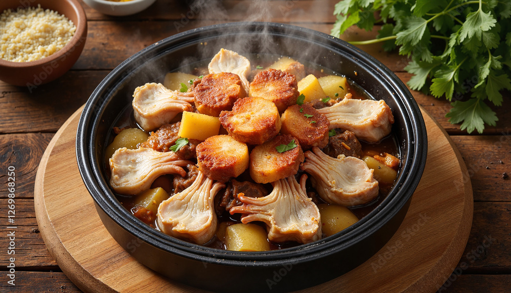 Steaming bowl of hernekeitto with pork in rustic kitchen, comfort food Steaming bowl of hernekeitto with pork in rustic kitchen, comfort food