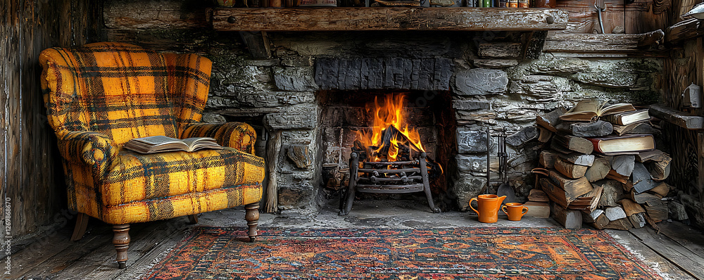Cozy armchair by a crackling fireplace, a book rests invitingly. Perfect for themes of relaxation, comfort, and autumn. Ideal for travel, home décor, and lifestyle publications. Cozy armchair by a crackling fireplace, a book rests invitingly. Perfect for themes of relaxation, comfort, and autumn. Ideal for travel, home décor, and lifestyle publications.