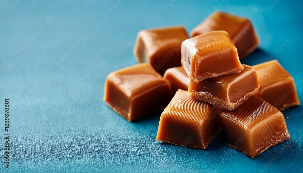 close up of several pieces of caramel on a blue surface close up of several pieces of caramel on a blue surface