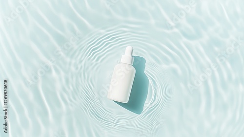  White serum bottle mockup in rippled water background, showcasing a fresh, clean beauty product concept.  Top view, flat lay, copy space