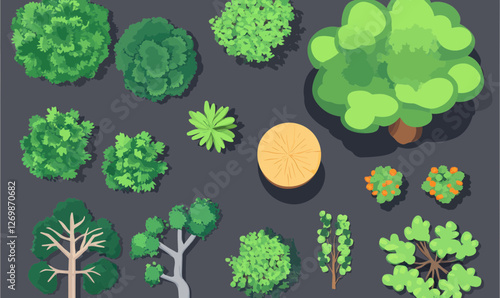 Top View Green Tree Vector Set for Landscape and Garden Planning in Flat SVG Style