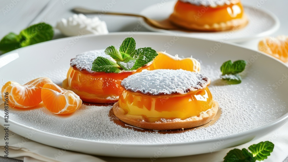 Delightful citrus desserts elegantly plated with mint. Delightful citrus desserts elegantly plated with mint.
