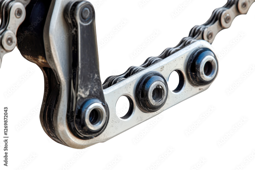 Close-up view of a bicycle chain showing intricate links and tension mechanism for smooth cycling isolated on transparent background Close-up view of a bicycle chain showing intricate links and tension mechanism for smooth cycling isolated on transparent background