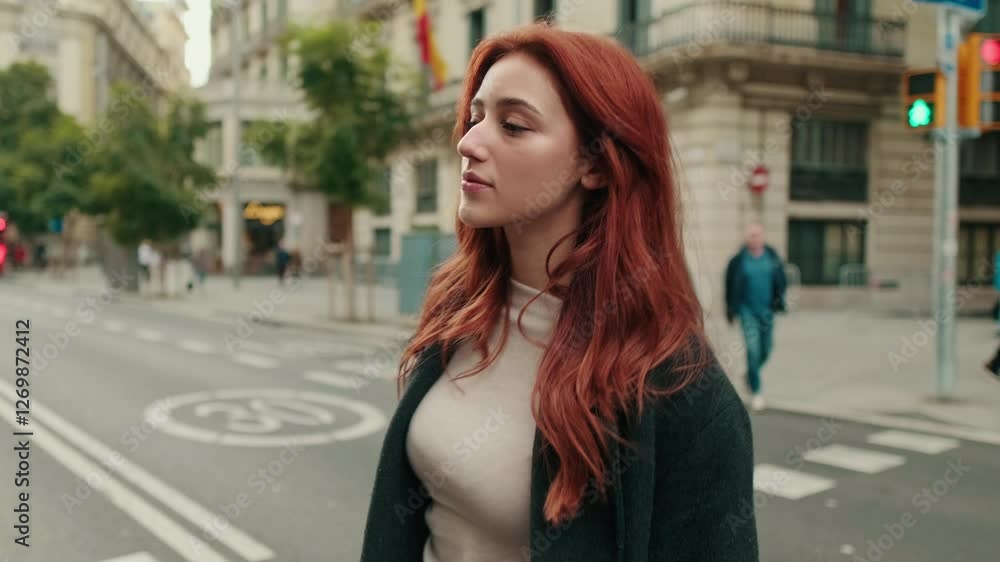 Redhead woman walking down a city street. She looks thoughtful and serene as she navigates the urban environment. Redhead woman walking down a city street. She looks thoughtful and serene as she navigates the urban environment.