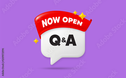 Questions answers chat speech bubble. Now open flag ribbon. Questions and answers icon. Answer question sign. Faq symbol. 3d sparkle stars speech bubble. Vector