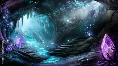Enchanted Cave Interior: A Mystical Realm of Glowing Crystals and Sparkling Water