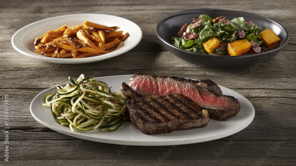 Grilled Steak with Zucchini Noodles and Sweet Potato Fries - A Culinary Delight Grilled Steak with Zucchini Noodles and Sweet Potato Fries - A Culinary Delight