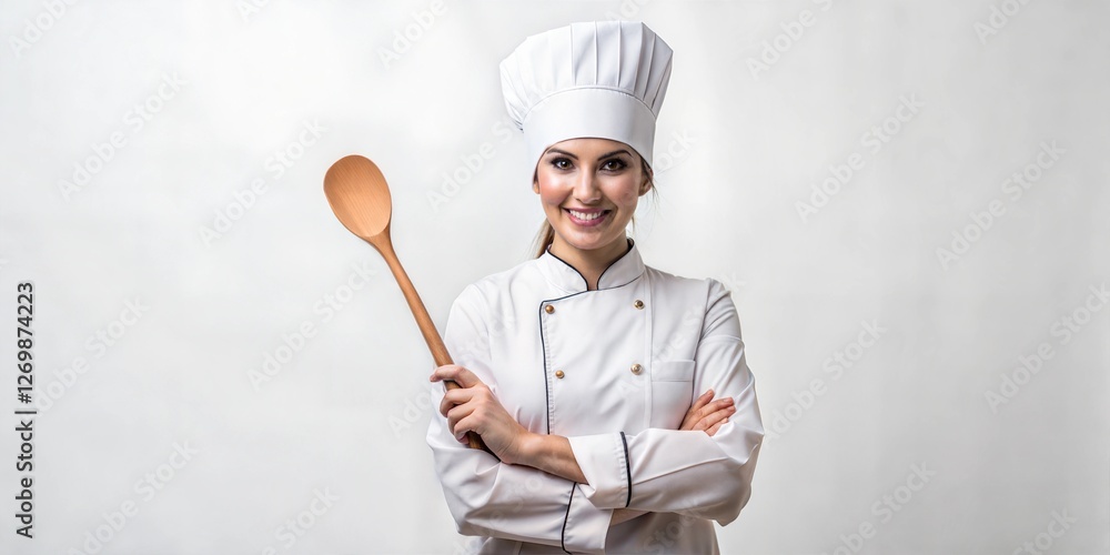 Naklejka premium female chef with cooking tools, a professional cook in uniform