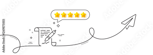 Agreement document line icon. Continuous line with share plane. Contract file signature sign. Office note symbol. Five star rate review in speech bubble. Agreement document single line ribbon. Vector
