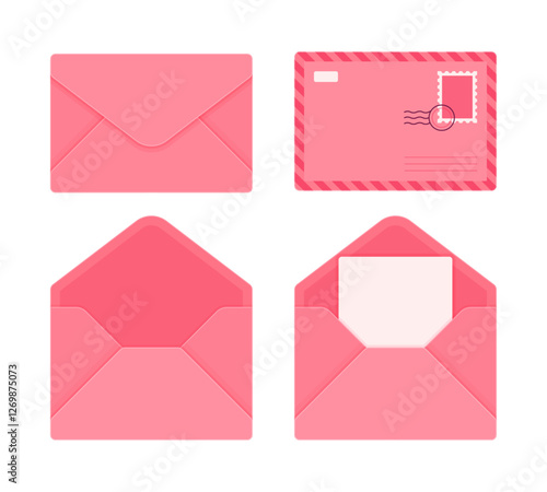 Set of pink envelopes in different styles, including closed, open, and with a letter. Mail, correspondence, and stationery concept. Flat vector illustration isolated on white background