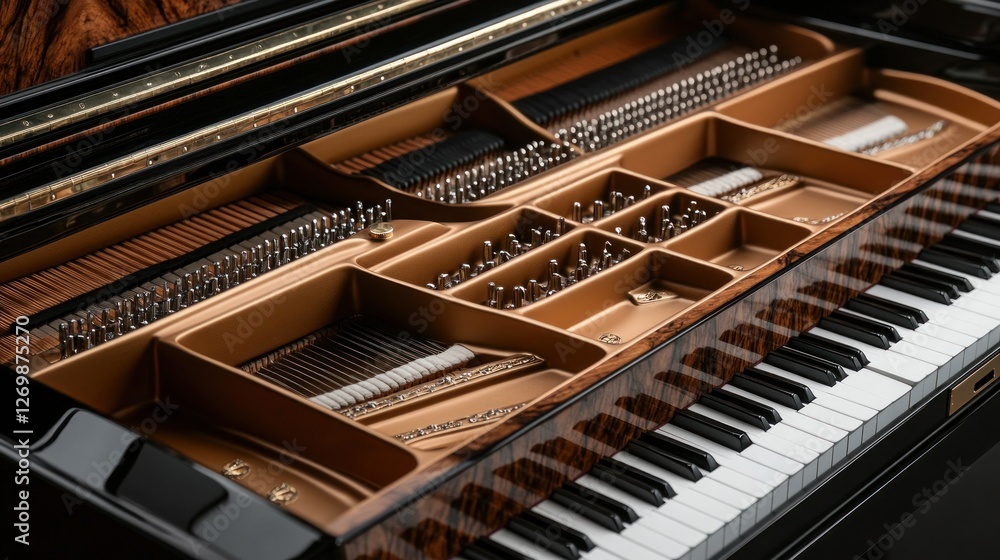 Intricate details of a grand piano's interior and keyboard showcasing craftsmanship Intricate details of a grand piano's interior and keyboard showcasing craftsmanship