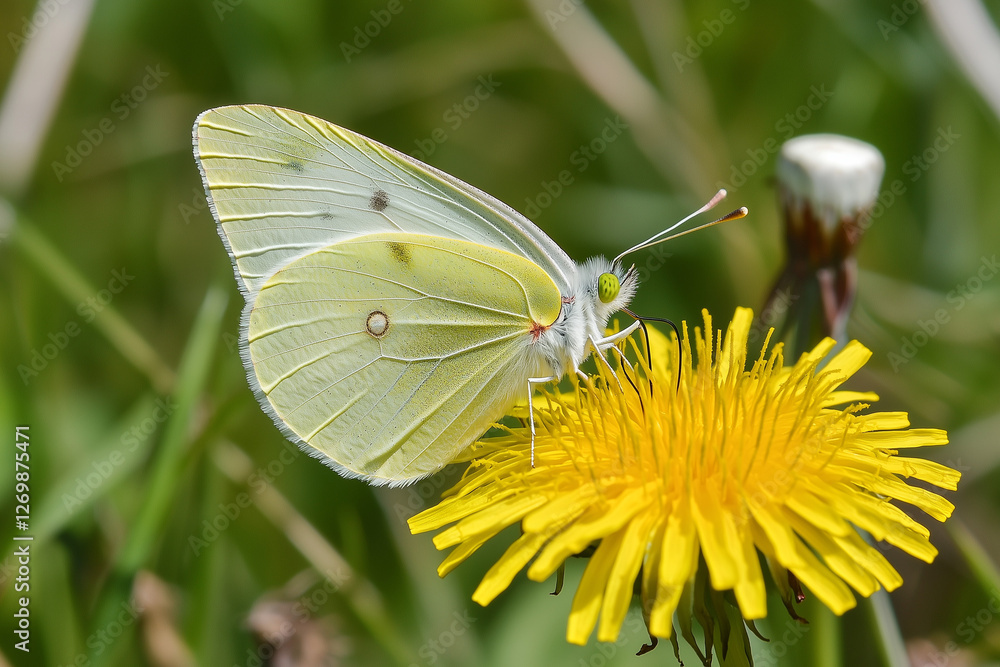 Butterfly resting on a yellow dandelion in a natural setting Butterfly resting on a yellow dandelion in a natural setting