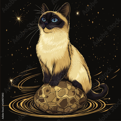 Astral Siamese Cat on Textured Rock with Swirling Galaxy and Stars Vector Illustration - Mystic Feline in Celestial Night Sky with Cosmic Energy Vibes