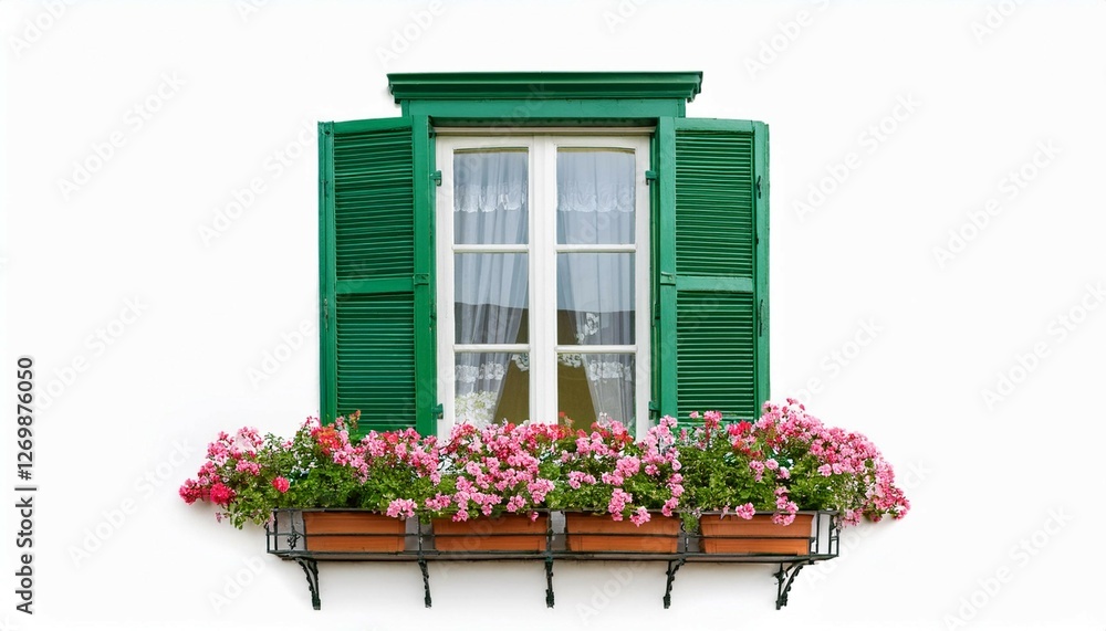 window with green shutters and flowers isolated on white background window with green shutters and flowers isolated on white background