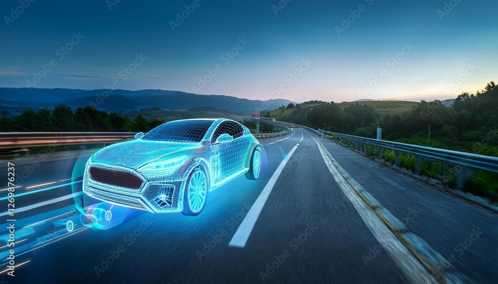 Naklejka premium electric car hologram showing the battery and engine while driving on a digital road
