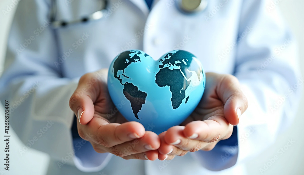 Hands hold Earth ball in heart shape on Doctor hands for World Health Day content and copy space Hands hold Earth ball in heart shape on Doctor hands for World Health Day content and copy space