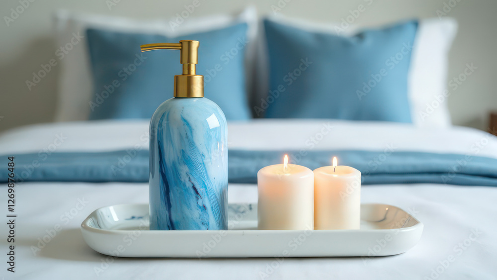 Photo of a marble tray with a blue and white marbled shampoo bottle, a golden pump head, candles, and a cozy bedroom background with blue pillows on the bed in pastel colors Photo of a marble tray with a blue and white marbled shampoo bottle, a golden pump head, candles, and a cozy bedroom background with blue pillows on the bed in pastel colors