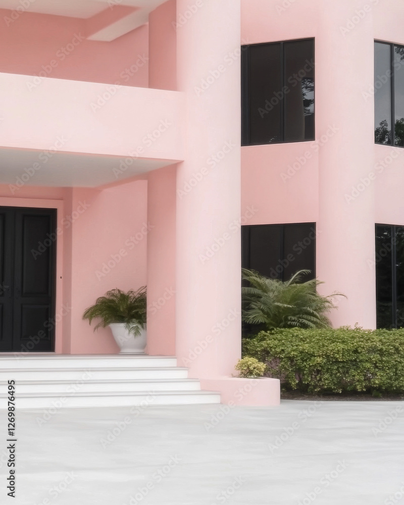 Modern architectural design of a pink building with symmetrical features and greenery outside Modern architectural design of a pink building with symmetrical features and greenery outside