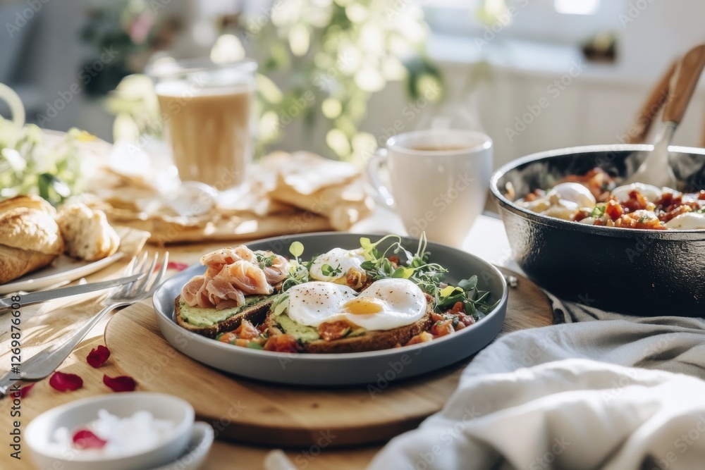 Sunny breakfast scene with eggs, salmon, avocado toast, and coffee in a cozy kitchen setting Sunny breakfast scene with eggs, salmon, avocado toast, and coffee in a cozy kitchen setting