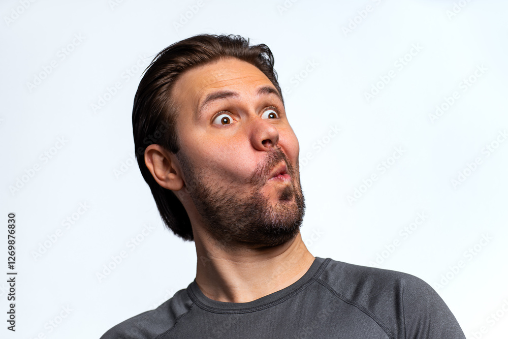 Fototapeta premium Young man emotional amazement portrait on white background