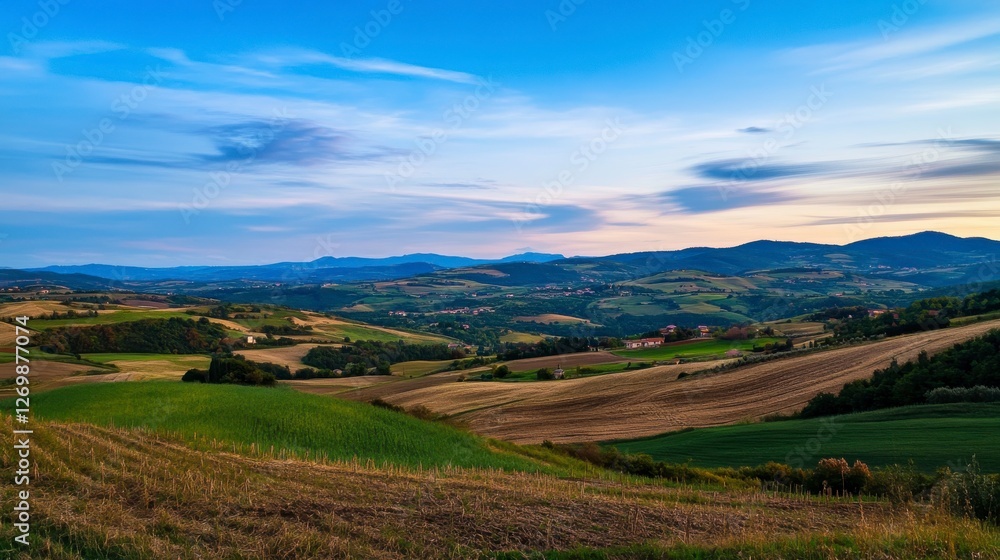Stunning Panoramic View of Rolling Hills and Valleys at Sunset Stunning Panoramic View of Rolling Hills and Valleys at Sunset