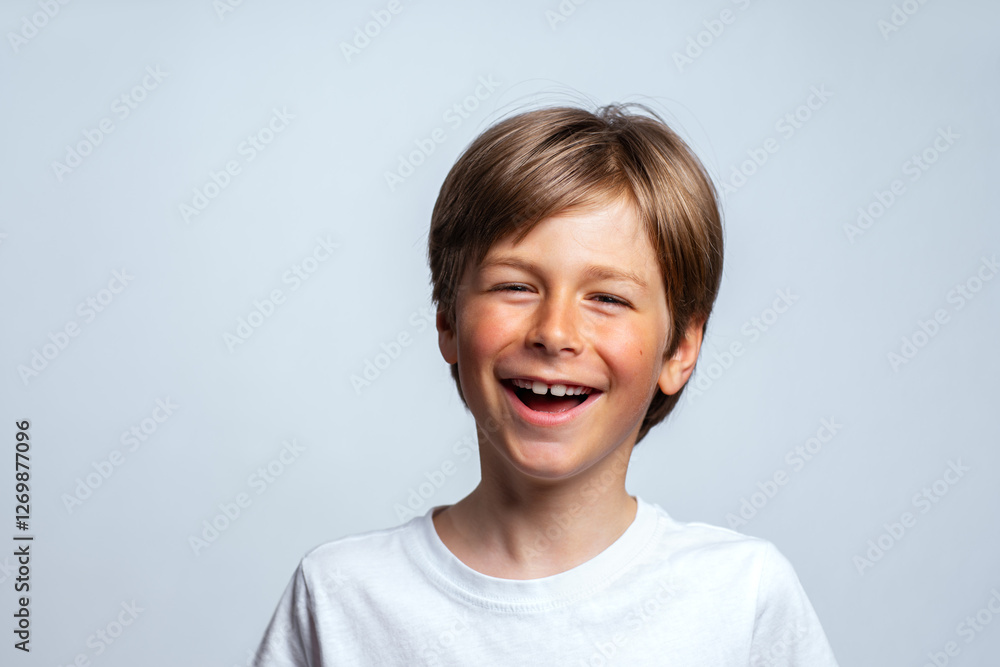 Cute child laughs portrait on white background Cute child laughs portrait on white background