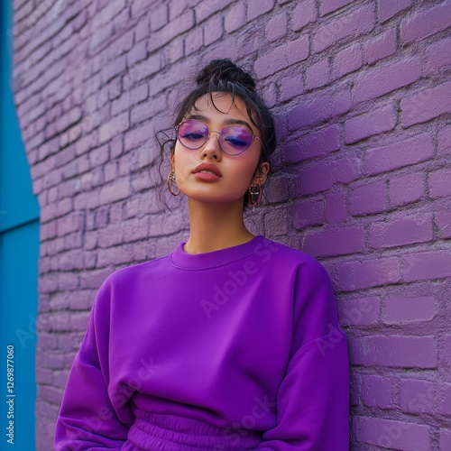 Young Woman in Purple Outfit With Cap and Glasses Poses Against Colorful Graffiti Wall in Urban Setting During Daylight Hours