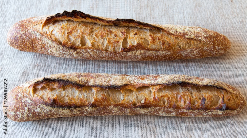 Artisan Baguette Bread Loaves with Perfect Crispy Crust on Linen Artisan Baguette Bread Loaves with Perfect Crispy Crust on Linen