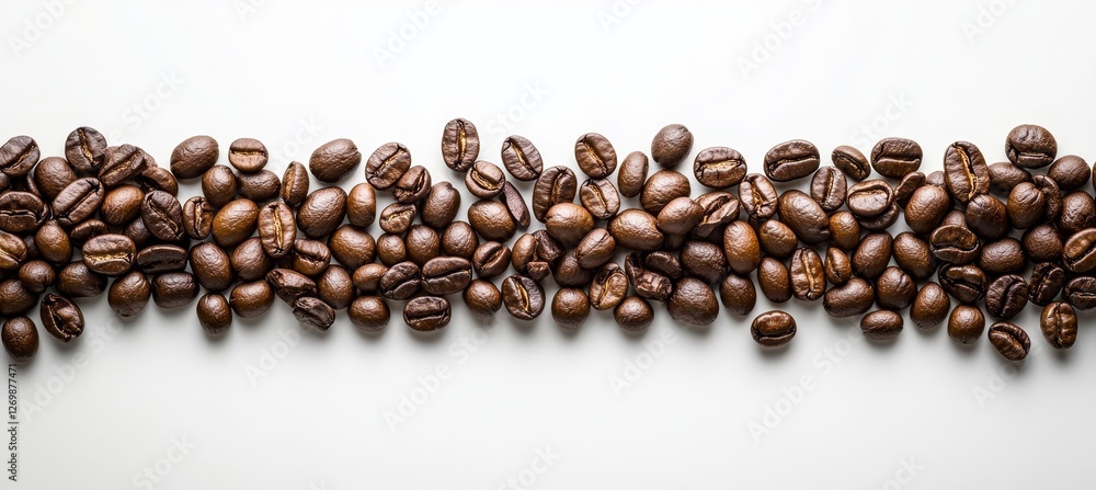 Assortment of Freshly Roasted Coffee Beans Aligned on White Background, Capture of Texture Assortment of Freshly Roasted Coffee Beans Aligned on White Background, Capture of Texture