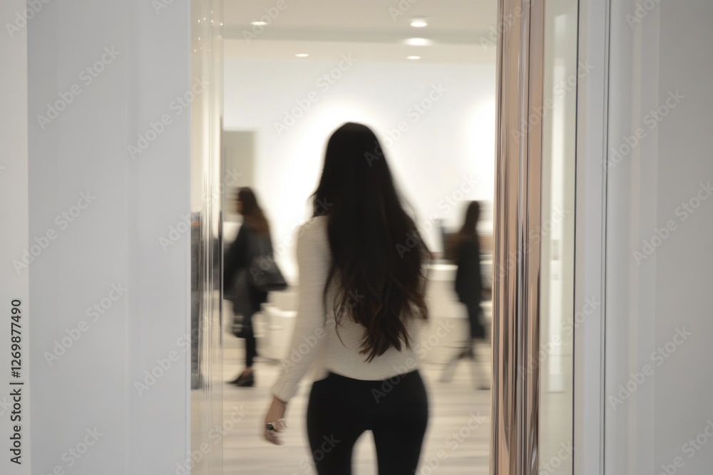 Back view of woman walking in minimalist modern white interior space Back view of woman walking in minimalist modern white interior space