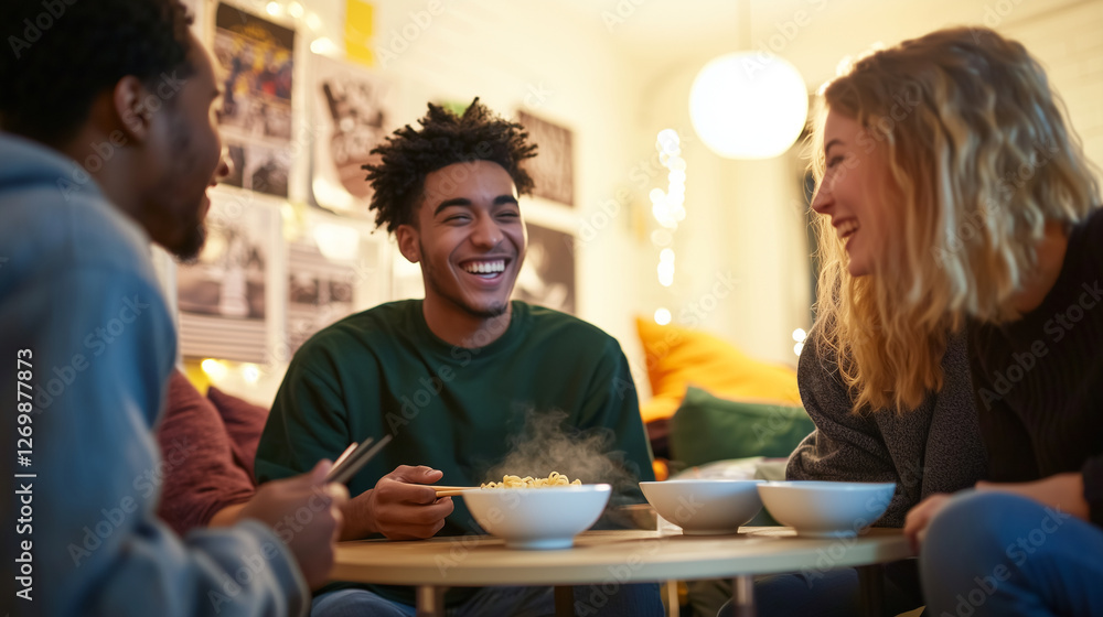 Cheerful Multiracial Friends Enjoying Noodles in a Cozy Dorm Room Cheerful Multiracial Friends Enjoying Noodles in a Cozy Dorm Room