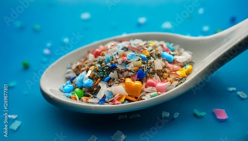microplastics in a spoon a concept of consuming micro plastic particles water and soil pollution
