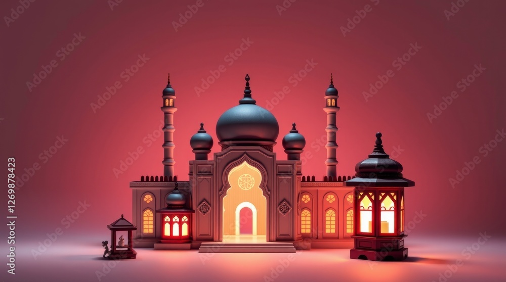 Obraz premium Illuminated Mosque at Night 3d Render Ramadan Eid
