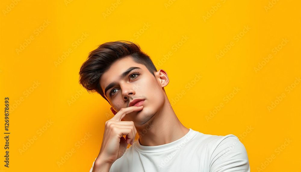 young man with sharp facial features, wearing a casual white t-shirt, standing confidently against a vibrant yellow background young man with sharp facial features, wearing a casual white t-shirt, standing confidently against a vibrant yellow background