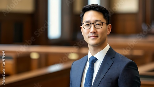 Asian Male Attorney In An Empty Courtroom
