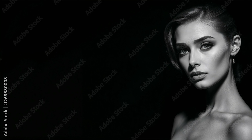Dramatic black and white portrait of a stunning woman with a confident gaze against a dark background, copy space Dramatic black and white portrait of a stunning woman with a confident gaze against a dark background, copy space