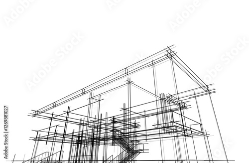 Vector Wireframe Architectural Drawing – Modern Building Sketch